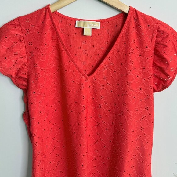 ❤️ Bright Orange/Red MICHAEL Michael Kors Eyelet Short Sleeve Blouse | Size SM - Picture 2 of 6